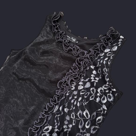 VTG Y2K Pretty Angel Black, Grey & Silver Silk Blend Grunge Ruffle Tank Top M - Picture 6 of 7